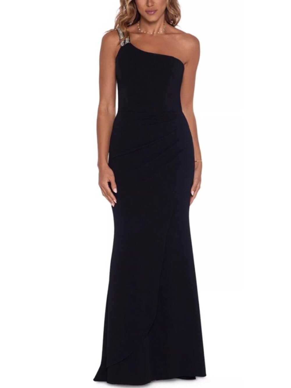 NWT XSCAPE Rhinestone-Strap One-Shoulder Gown in Black Sz. 14P